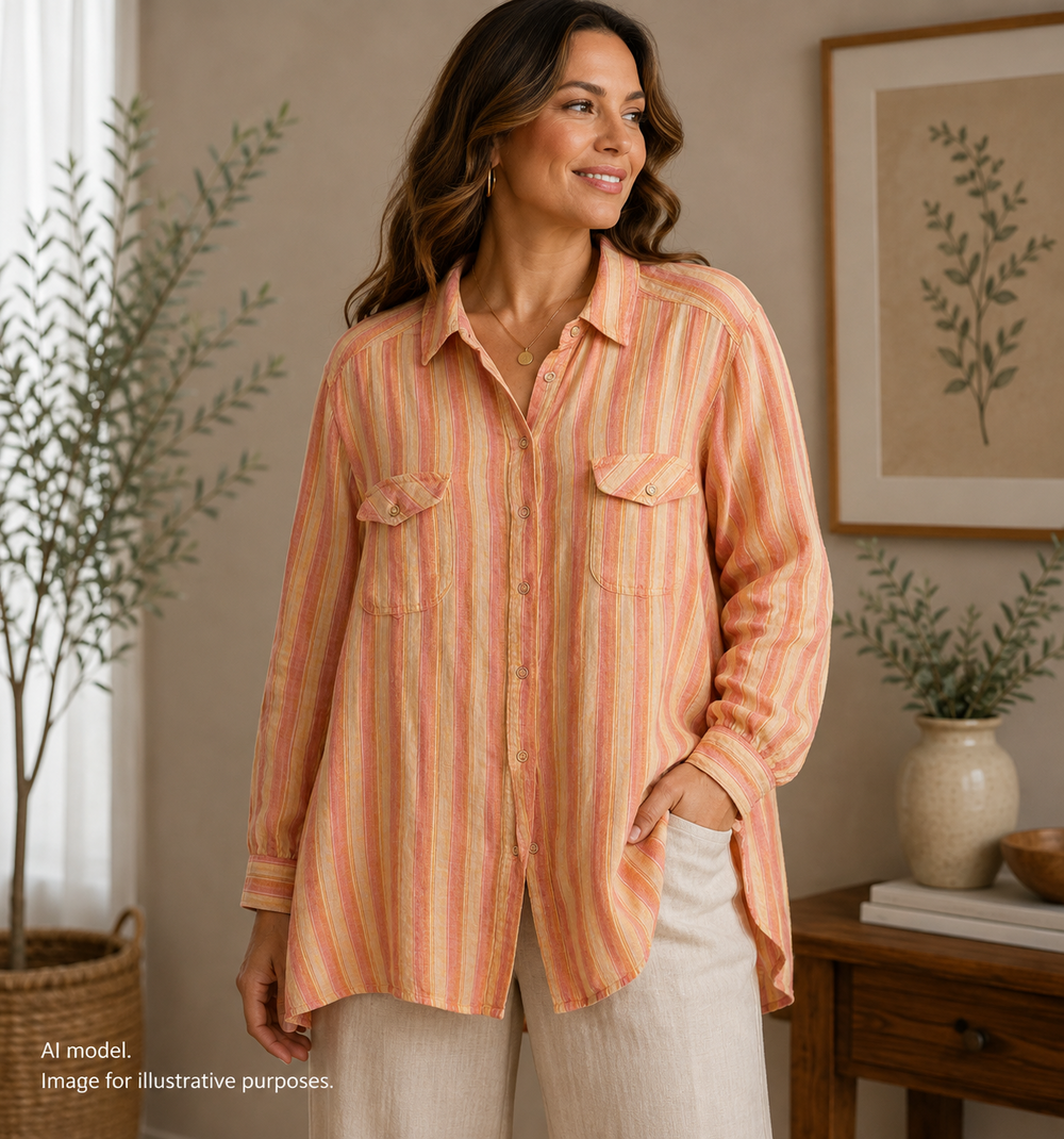 Chicos Shirt 3 Women XL Orange Stripe Linen Lagenlook Coastal Granny Shacket